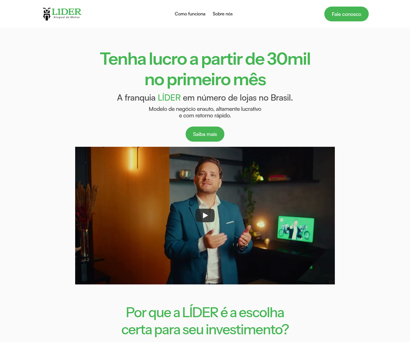 Página de franquias da Líder Aluguel de Motos.