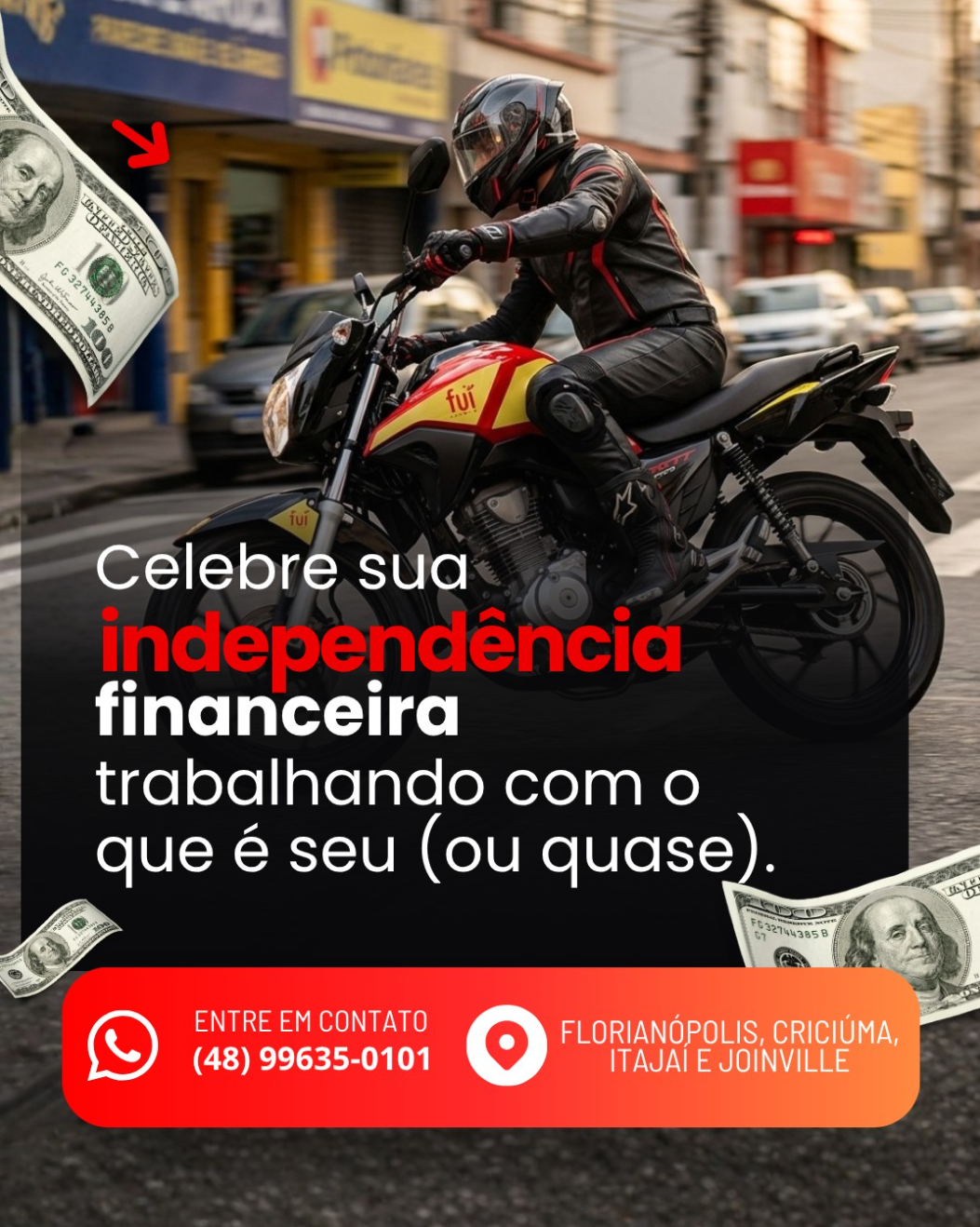 Post sobre independência financeira com moto.