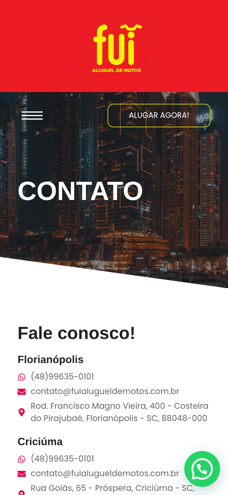 Página de contato mobile do site da FUI.